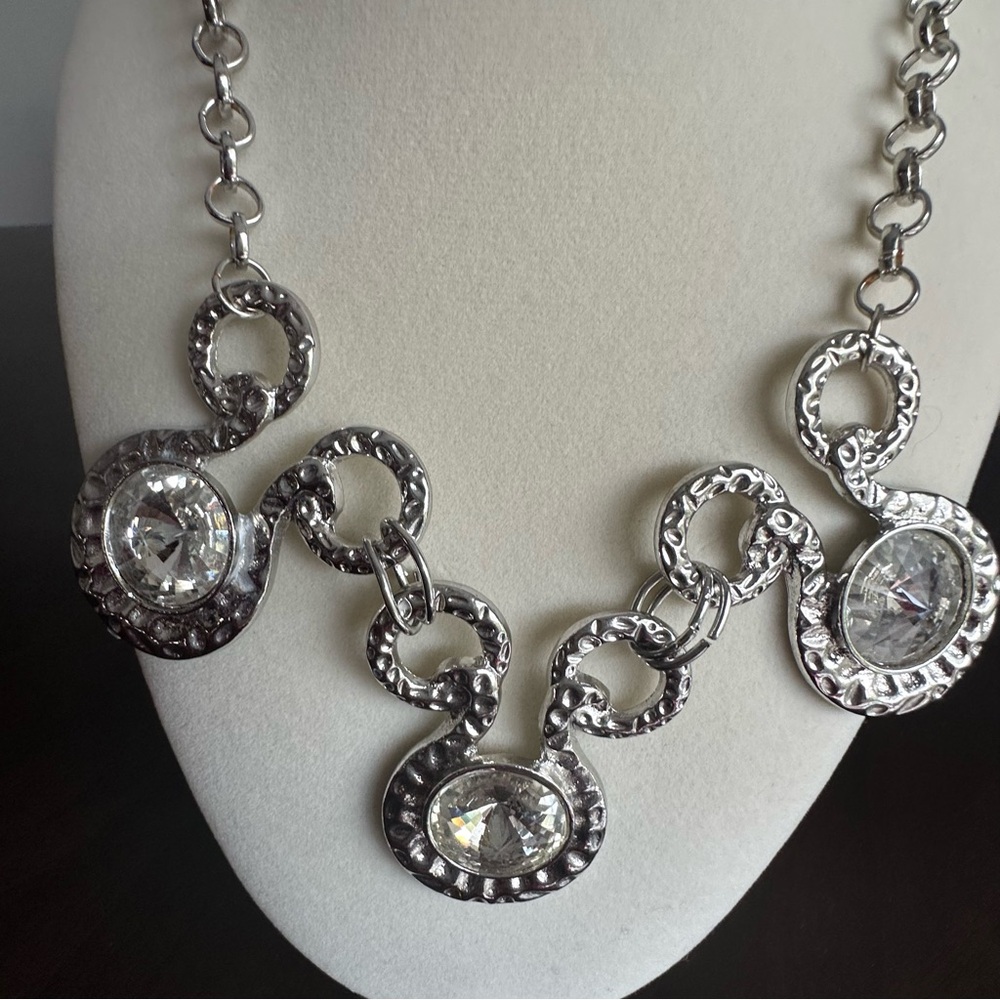 Silver Tone Hammered Statement Necklace | Large Rivoli Crystal Bib | Adjustable